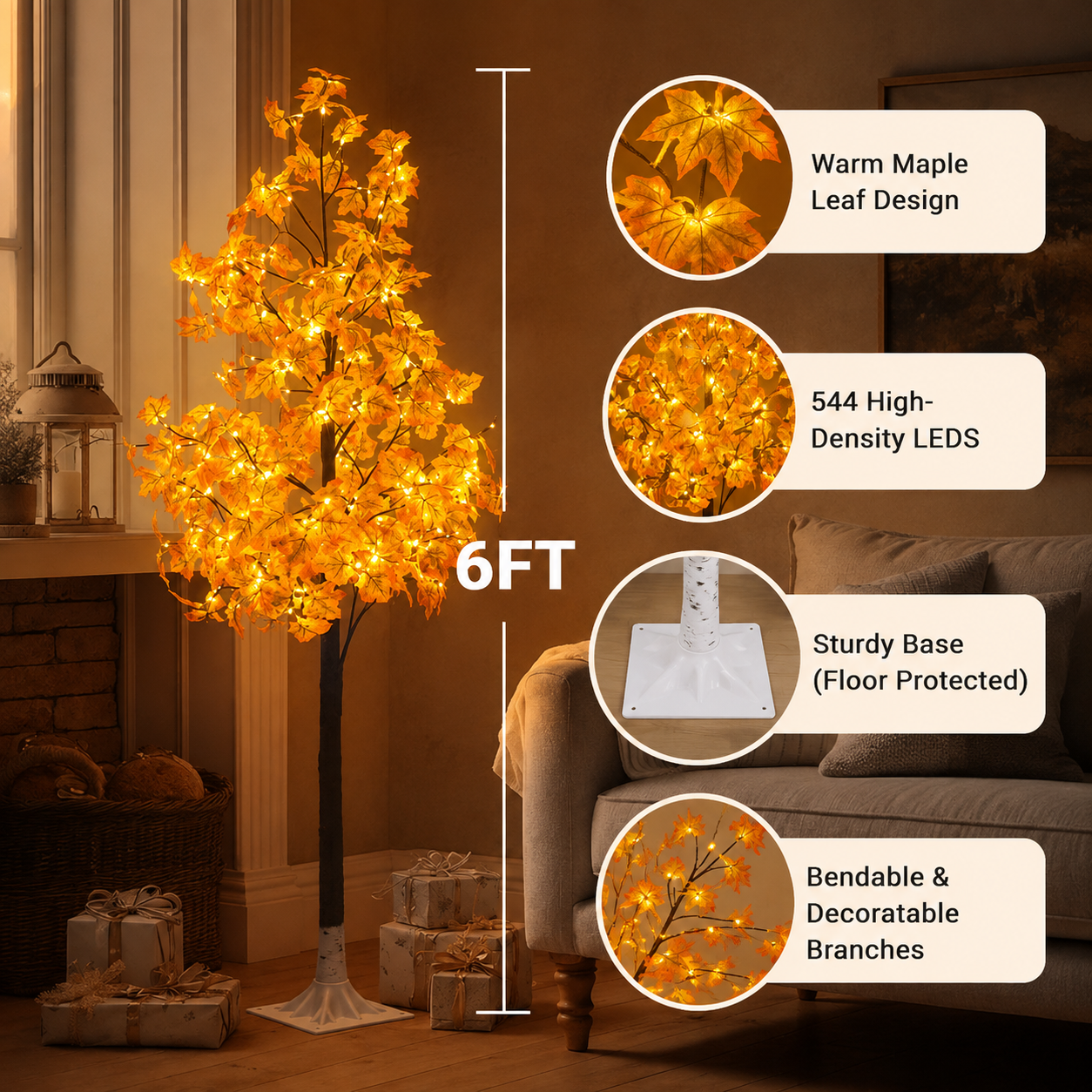 GoldenGlow Maple Tree 6FT with LED Lights