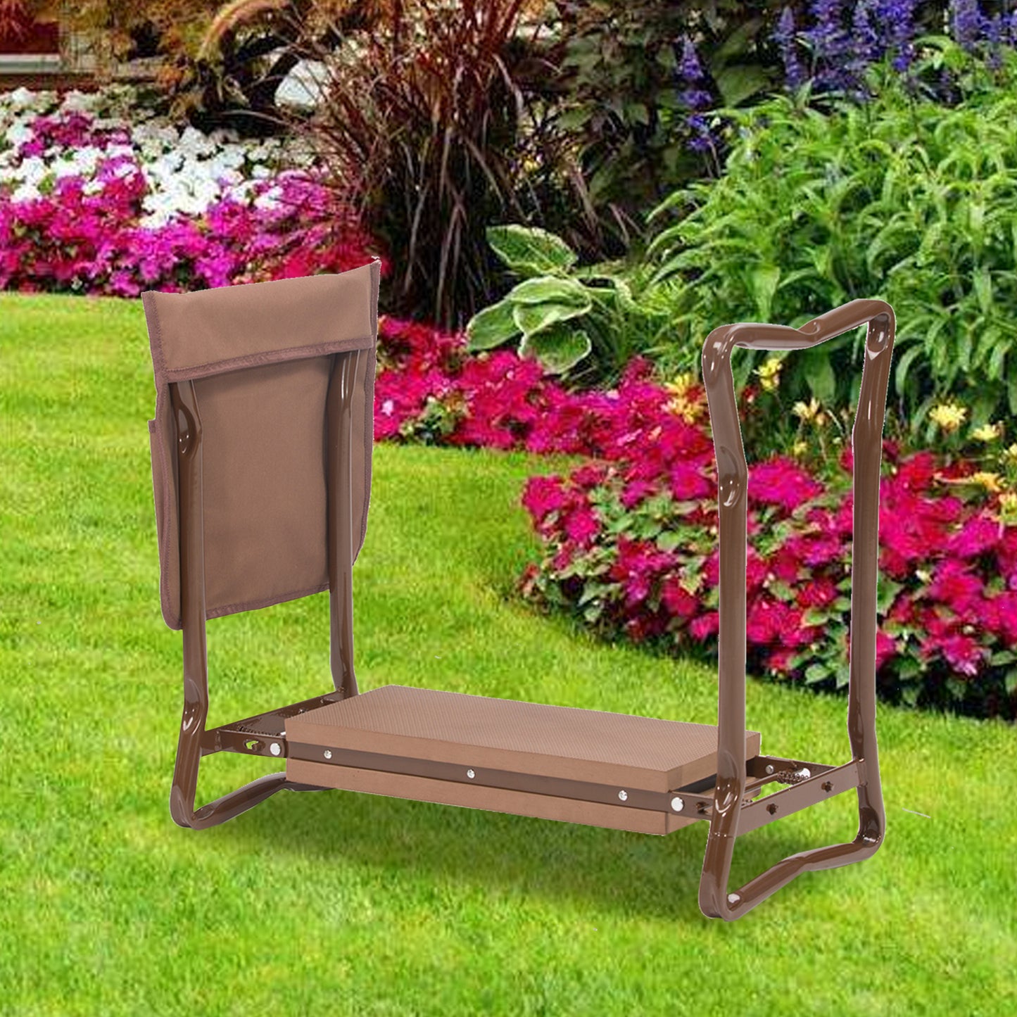 Rodilla y asiento de jardín multifuncional marrón con guantes 