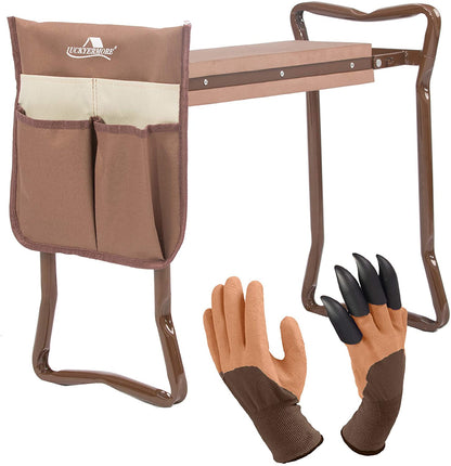 Rodilla y asiento de jardín multifuncional marrón con guantes 
