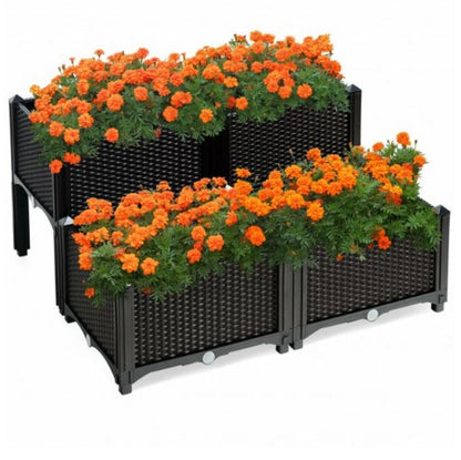 Juego de 4 maceteros elevados para cultivo de hierbas y verduras con flores 
