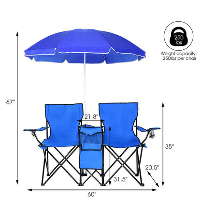Silla doble plegable portátil para picnic con sombrilla