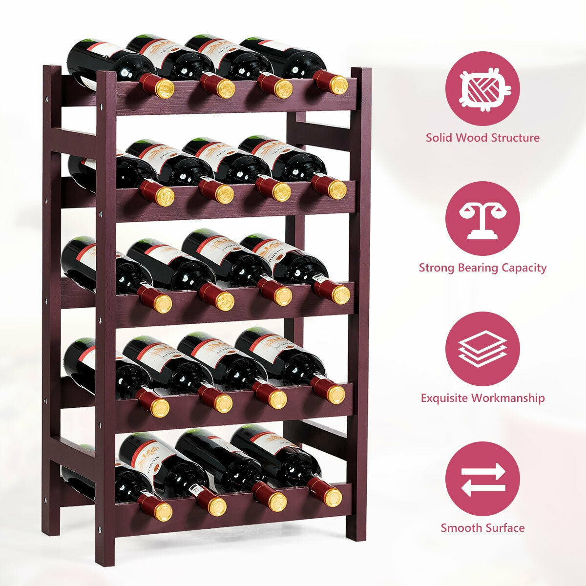 Estante de madera para vino, estante de almacenamiento para exhibición de botellas de 5 niveles, independiente