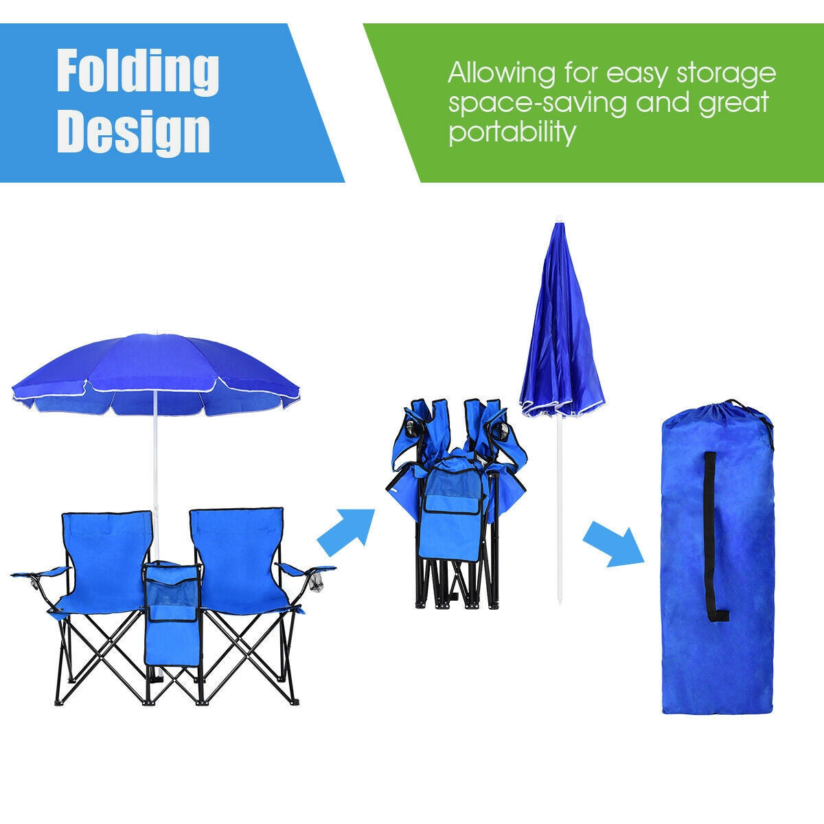 Silla doble plegable portátil para picnic con sombrilla