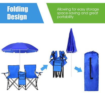 Silla doble plegable portátil para picnic con sombrilla