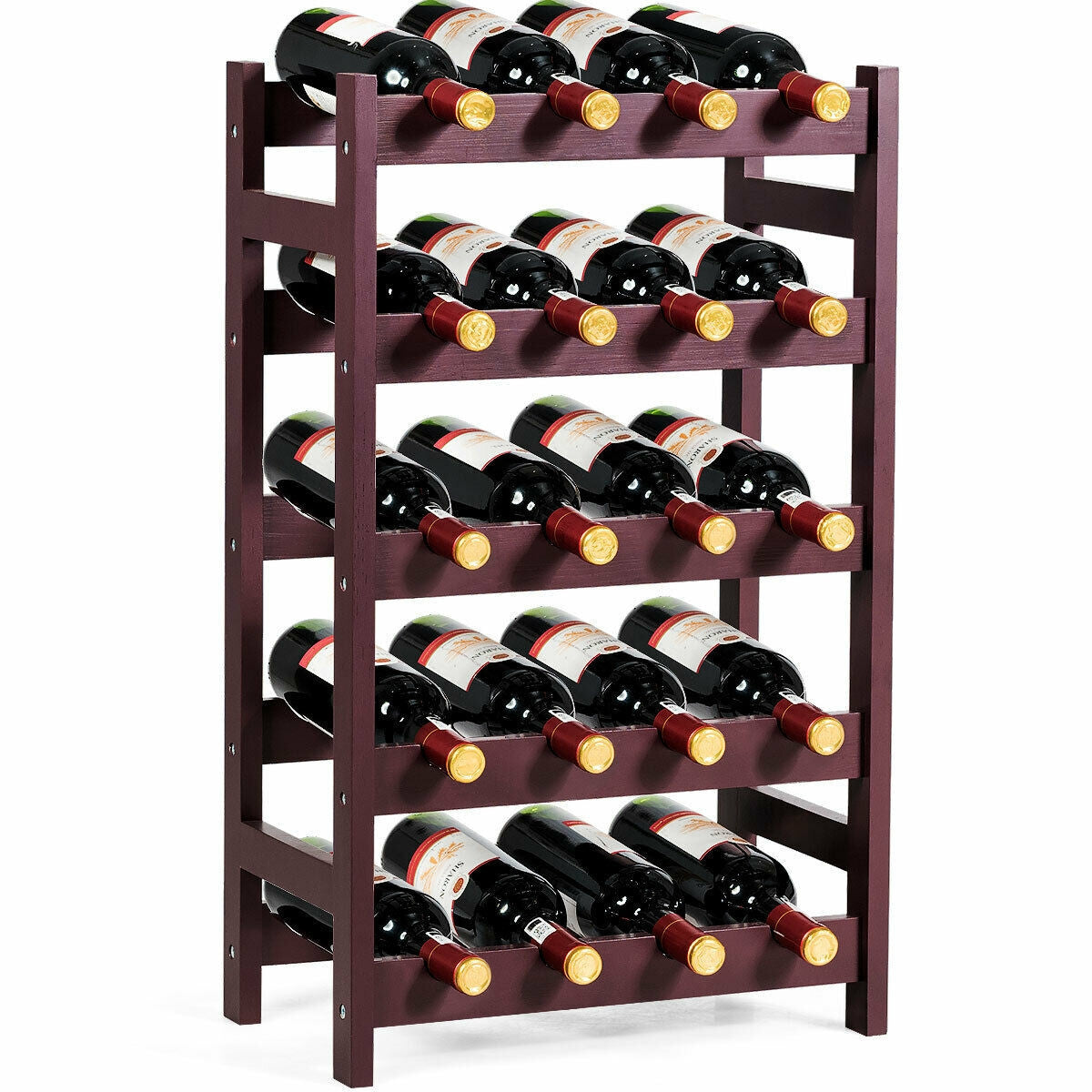 Estante de madera para vino, estante de almacenamiento para exhibición de botellas de 5 niveles, independiente