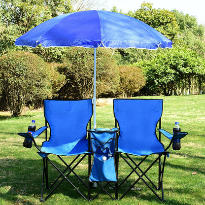 Silla doble plegable portátil para picnic con sombrilla