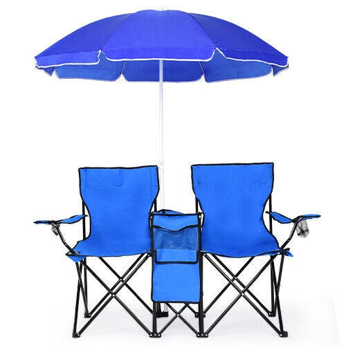 Silla doble plegable portátil para picnic con sombrilla