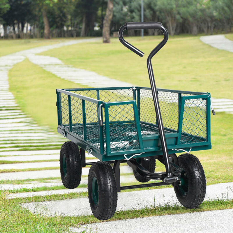 Carro utilitario de acero para jardín con capacidad de 550 libras, laterales extraíbles y asa
